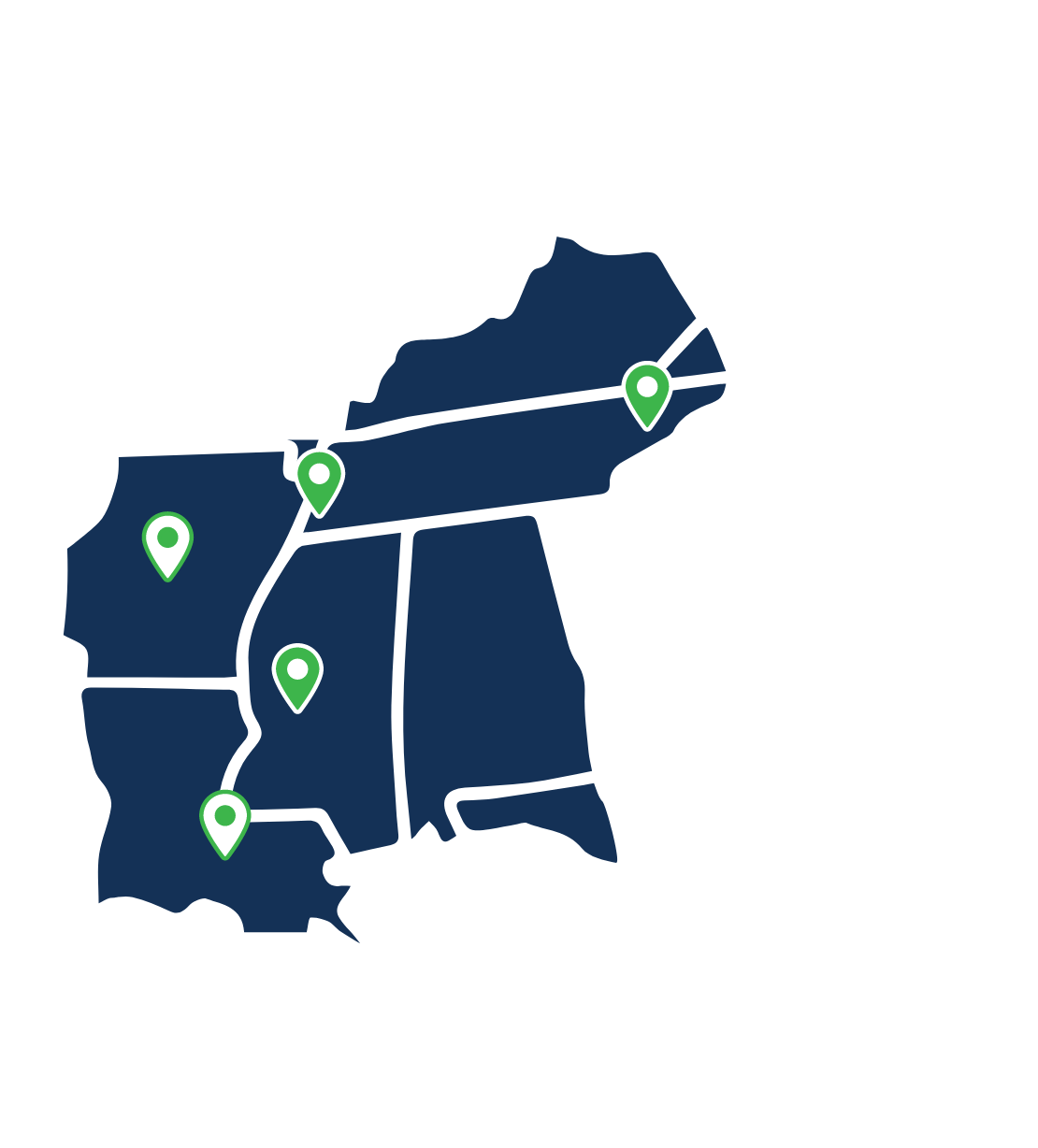 map showing 5 locations in Tennessee, Arkansas, Mississippi and Louisiana